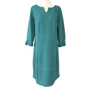 Boden Dress Womens 12 Tall Green Textured Knit Shift 3/4 Roll Tab Sleeve Work